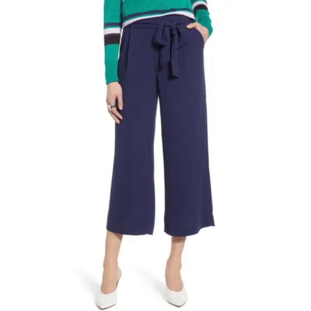 Halogen Wide Leg Crop Pants With Waist Tie In Navy Peacoat Blue Color- New W/Tag